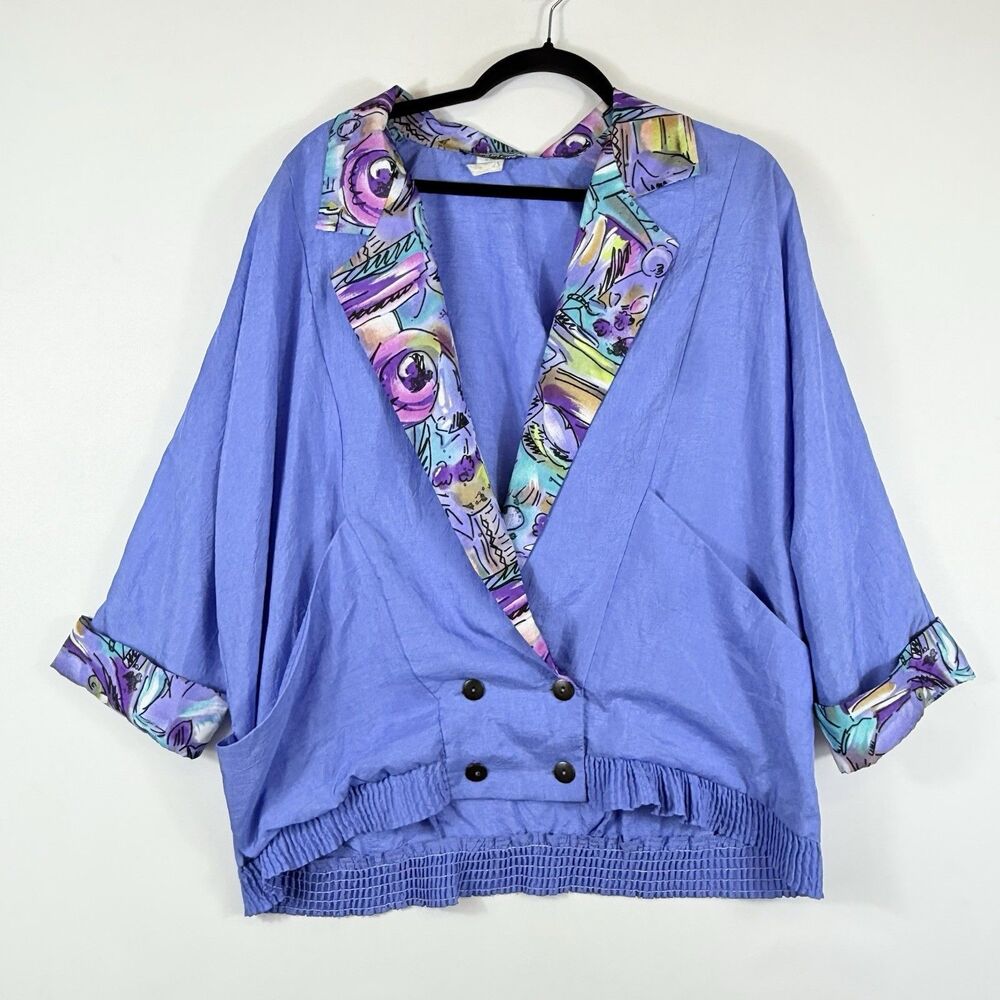 My Kinda Gal Vintage Windbreaker Jacket Womens Medium Purple Artsy 3/4 Sleeve